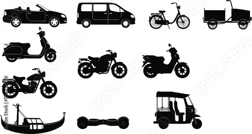 Silhouettes of Traditional and Modern Vehicles Including Car, Scooter, Motorcycle, Bicycle, Gondola, Rickshaw, Hoverboard, Minivan, and Convertible Icons