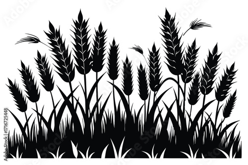 Black Silhouette Illustration of a Field of Wheat and Grass, Rural Scene