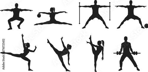 fitness, exercise, dance, silhouettes, workout, training, stretching, strength, flexibility, movement, athletic, lifestyle, activity, performance, balance, health, sport, dynamic, illustration, vector