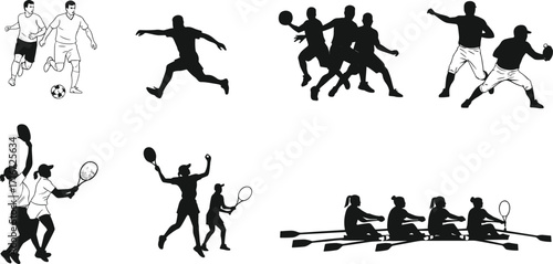 sports, silhouettes, soccer, basketball, boxing, badminton, tennis, rowing, teamwork, competition, fitness, athletic, activity, exercise, training, lifestyle, recreation, dynamic, illustration, vector