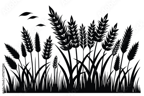 Silhouette of a Lush Field with Wheat and Flying Birds Illustration