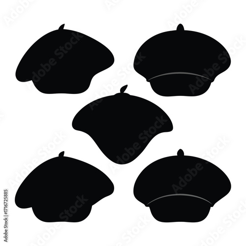 Five Black Silhouettes of Berets Arranged in a Pattern headwear fashion