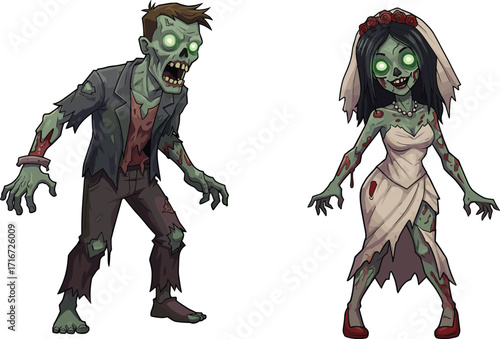 zombie, undead, horror, couple, bride, groom, glowing eyes, exposed wounds, grotesque anatomy, monster
