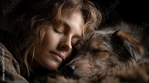 The warm moment of a quiet girl and her beloved dog sleeping together