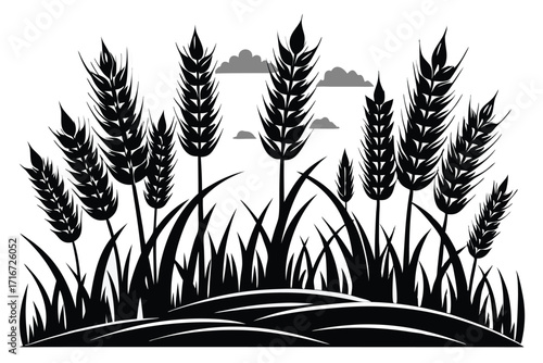 Black Silhouette Illustration of Wheat Field with Clouds, Vector Graphic Landscape Scene