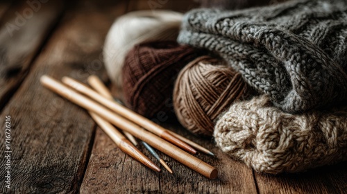 Wallpaper Mural Warm Wool Yarn and Knitting Needles on Rustic Table
 Torontodigital.ca
