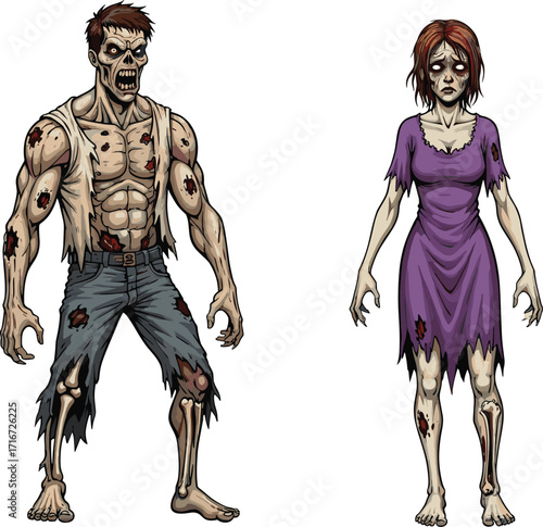 zombie, undead, horror, couple, muscular build, tattered clothing, grotesque anatomy, monster