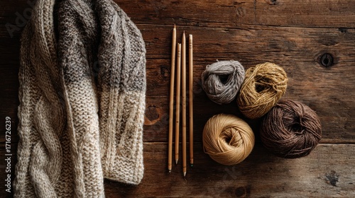 Wallpaper Mural Warm Wool Yarn and Knitting Needles on Rustic Table
 Torontodigital.ca