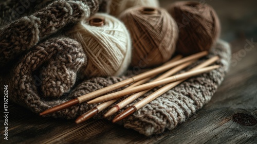 Wallpaper Mural Warm Wool Yarn and Knitting Needles on Rustic Table
 Torontodigital.ca