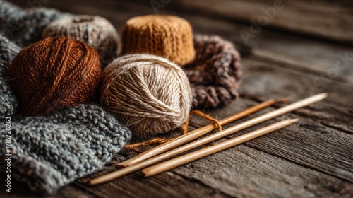Wallpaper Mural Warm Wool Yarn and Knitting Needles on Rustic Table
 Torontodigital.ca