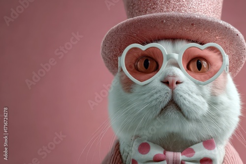 Cute white cat wearing pink hat and heart-shaped glasses poses against a pink background