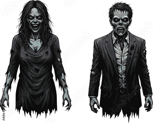 zombie, undead, horror, couple, hollow eyes, eerie grin, grotesque anatomy, monster, scary, Halloween, creepy, infected, vector, illustration, fantasy, character, walking dead, nightmare, gore, spooky
