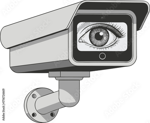 A security camera with a human eye inside, representing digital surveillance, privacy concerns, and government monitoring in a grayscale vector illustration.