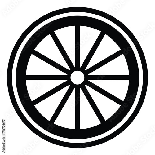 Minimalist black wheel graphic with spokes extending from center and double rim outline