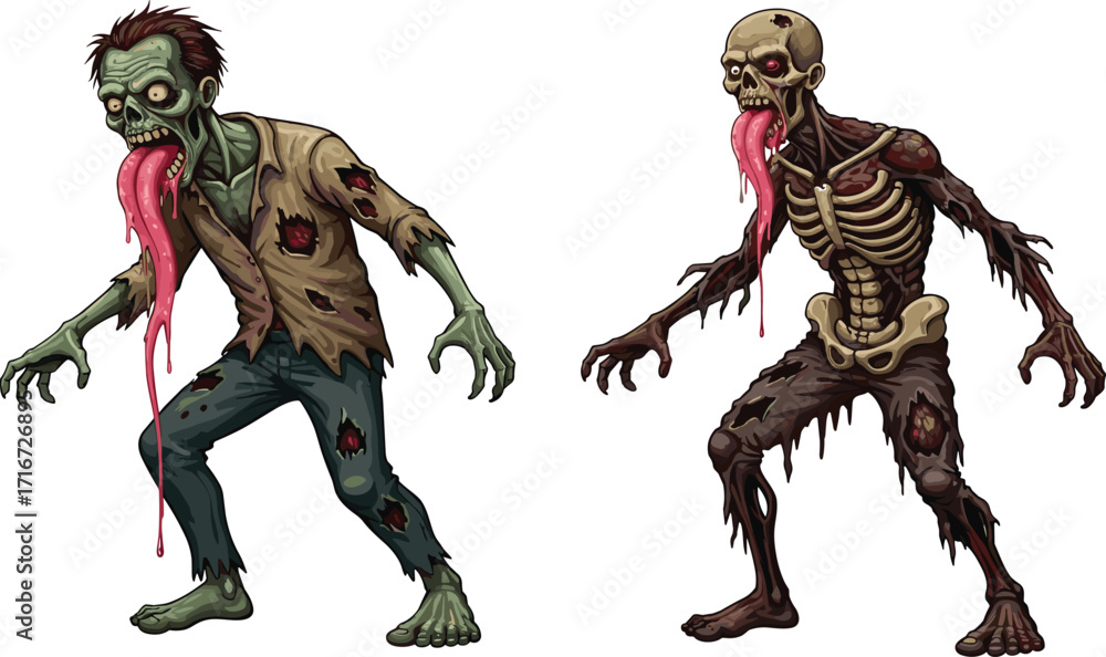 Obraz premium zombie, undead, horror, couple, grotesque tongues, skeletal decay, exposed ribs, monster, scary, Halloween, creepy, infected, vector, illustration, fantasy, character, walking dead, gore