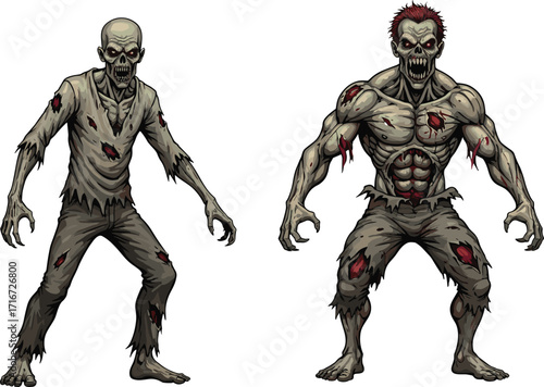 zombie, undead, horror, couple, skeletal face, muscular zombie, grotesque anatomy, monster, scary, Halloween, creepy, infected, vector, illustration, fantasy, character, walking dead, gore, nightmare