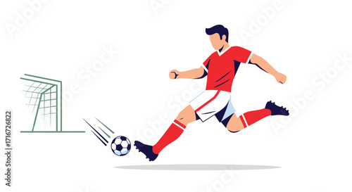 Soccer Player Kicking Ball Towards Goal in Dynamic Action Scene