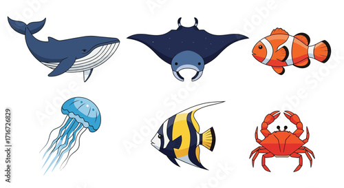 Collection of six marine animals including a whale, manta ray, clownfish, jellyfish, angelfish, and crab isolated on white background