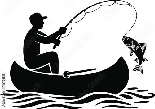 Fisherman Catching Fish from Canoe with Fishing Rod Vector Illustration