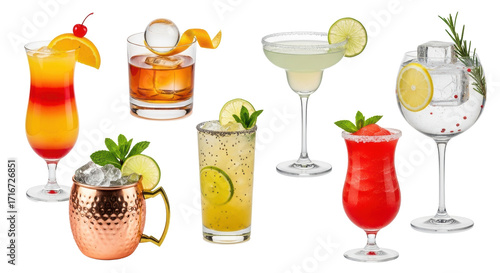 Seven vibrant, distinct alcoholic cocktails, prepared and garnished in various glassware, isolated on transparent studio background, concept for beverage advertising and mixology