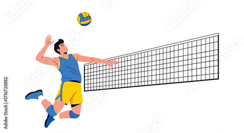 Man Playing Volleyball, Jumping to Spike the Ball Over the Net