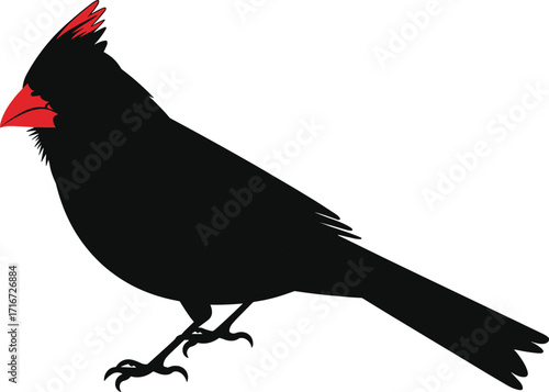 Minimalist black silhouette illustration of a male northern cardinal bird with a red crest and beak, vector graphic.