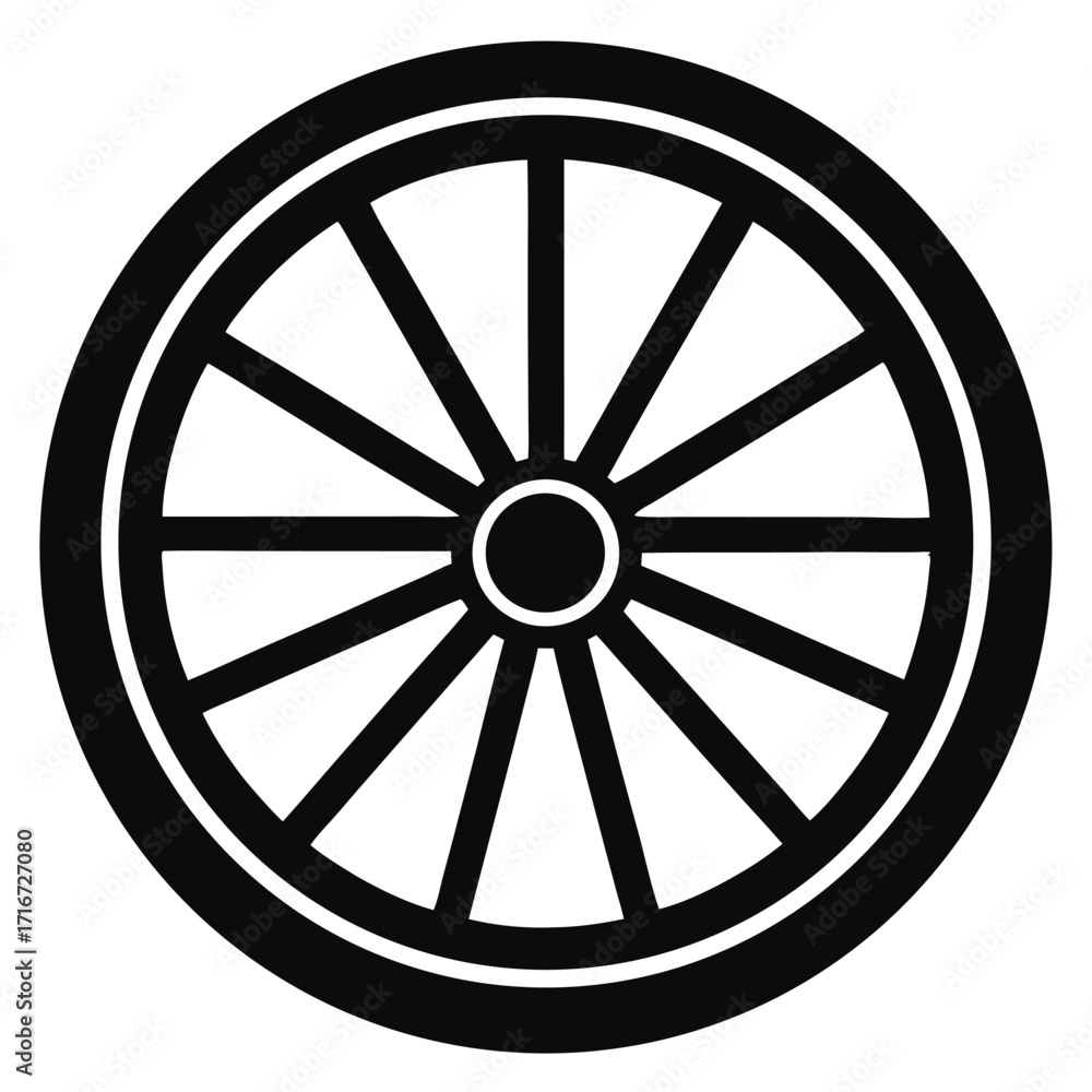 Fototapeta premium Black and White Illustration of a Wheel with Spokes Extending to Rim