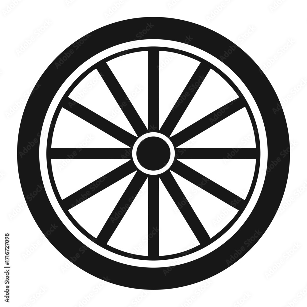 Obraz premium Vintage Wagon Wheel Black and White Graphic Illustration with Spokes and Rim Design
