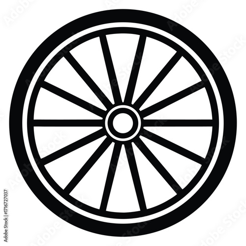 Black and White Illustration of an Oldfashioned Wheel with Spokes and Tire Design