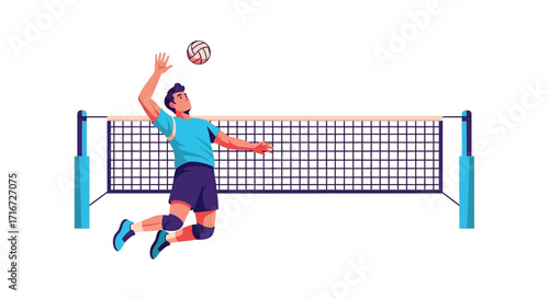 Dynamic Flat Vector Illustration of a Male Volleyball Player Spiking the Ball Over the Net