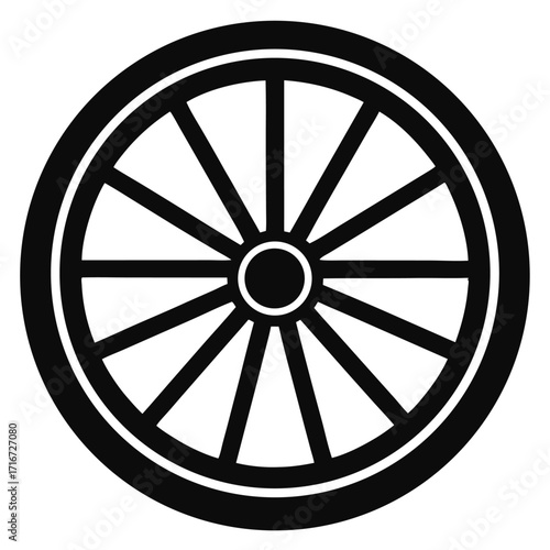 Black and White Illustration of a Wheel with Spokes Extending to Rim