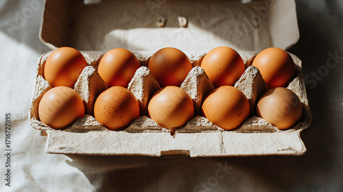 Carton of ten brown eggs, showcasing their natural color and texture, perfect for culinary use and baking, a symbol of freshness and wholesome nutrition
