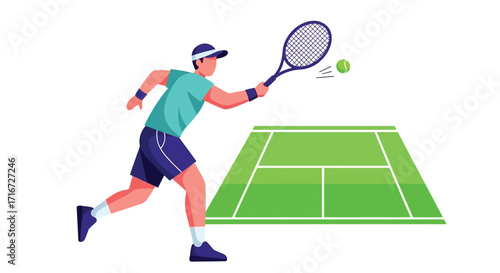 Athletic Man Playing Tennis on Court Hitting Ball with Racquet, Sport Illustration