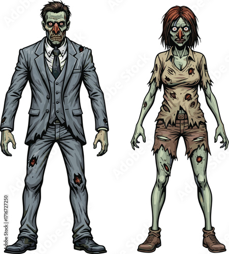 zombie, undead, horror, couple, tattered clothing, gaunt faces, grotesque anatomy, monster, scary, Halloween, creepy, infected, vector, illustration, fantasy, character, walking dead