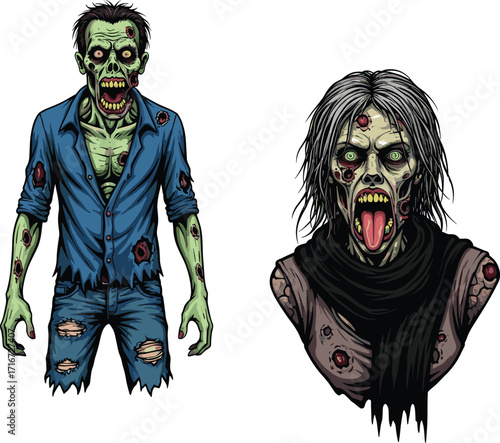 zombie, undead, horror, couple, grotesque wounds, long tongue, boils, monster, scary, Halloween, creepy, infected, vector, illustration, fantasy, character