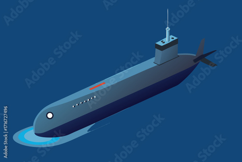 Isometric illustration of a submarine moving through deep blue water