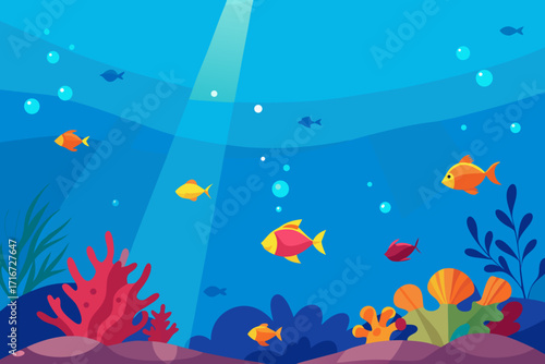 Colorful cartoon underwater scene with fish and coral reef