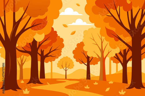 Vibrant autumn forest scene with winding path and falling leaves