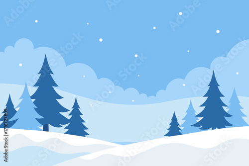 Minimalist winter landscape with snowing trees and clouds