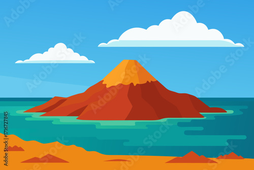 Stylized volcano island in a tropical ocean landscape