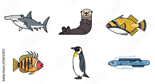 Collection of marine animals including a hammerhead shark, sea otter, triggerfish, clownfish, penguin, and futuristic fish isolated on white background