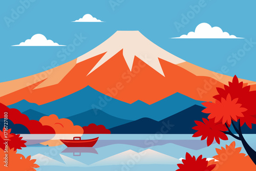 Serene mount fuji landscape with red boat and autumn foliage