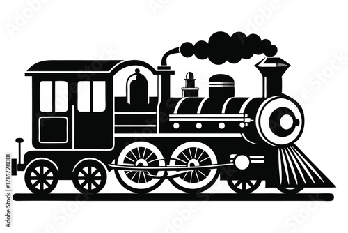 Black Locomotive Train Engine Silhouette with Coal Car and Puffing Smoke Illustration