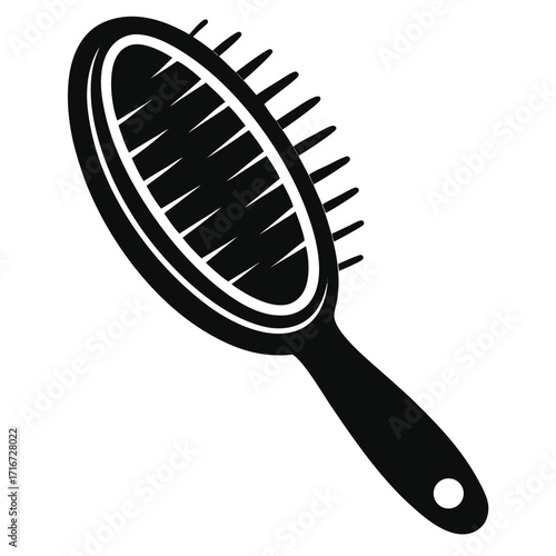 Black Oval Hairbrush Icon on White Background Keywords: hairbrush, hair care, grooming, beauty, accessory, tool