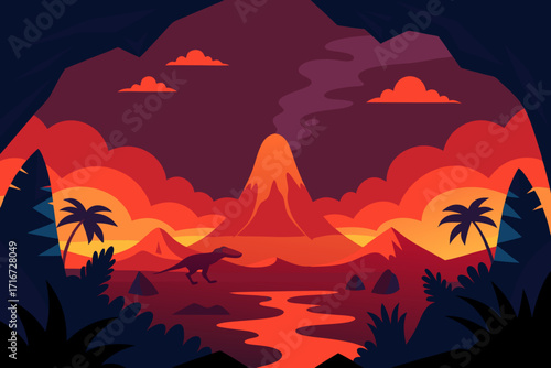 Dinosaur landscape with volcano and lava river