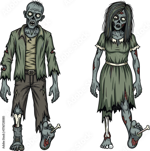 zombie, undead, horror, couple, skeletal legs, protruding bones, grotesque anatomy, monster, scary, Halloween, creepy, infected, vector, illustration, fantasy, character, walking dead, gore