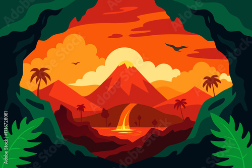 Volcanic sunset over a lush tropical landscape
