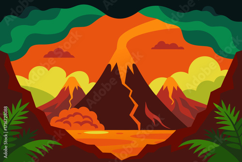 Volcanic eruption landscape with flowing lava and lush greenery