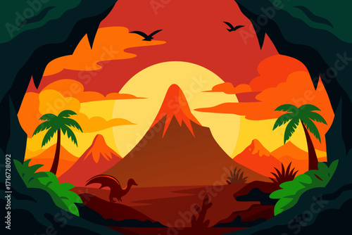 Dinosaur landscape with volcano and tropical sunset