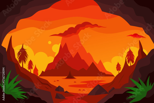 Volcanic landscape with fiery sky and lava flow